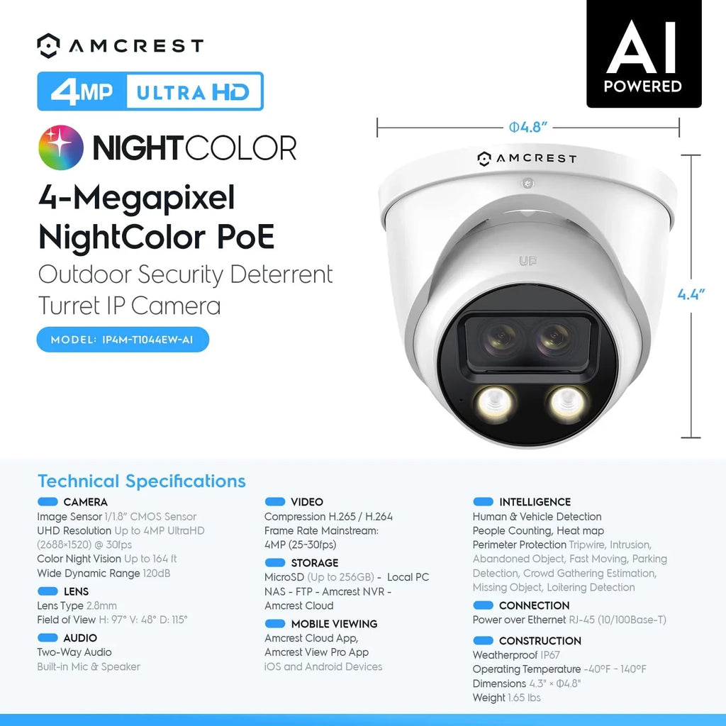 Outdoor 4K Turret 8MP Dual-Lens 2K) POE (2 @25fps, IP (2 x AI 4MP) Camera, Amcrest x Security