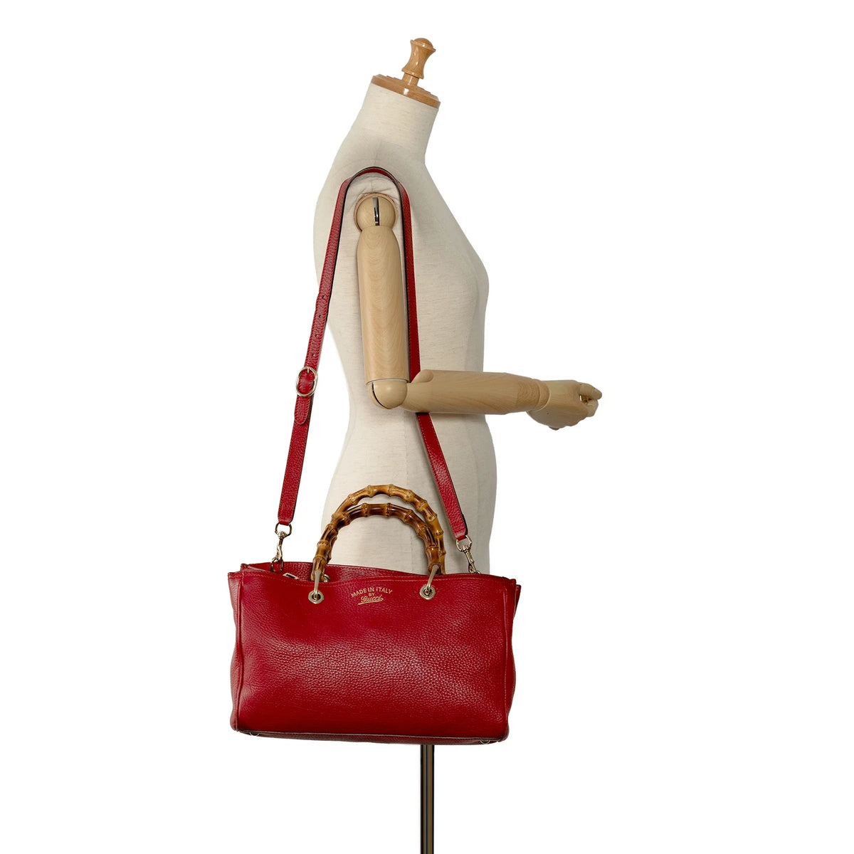 Leather Gucci Calf Authenticated Satchel Shopper Pre-Owned (Good) Unisex Red Medium Bamboo