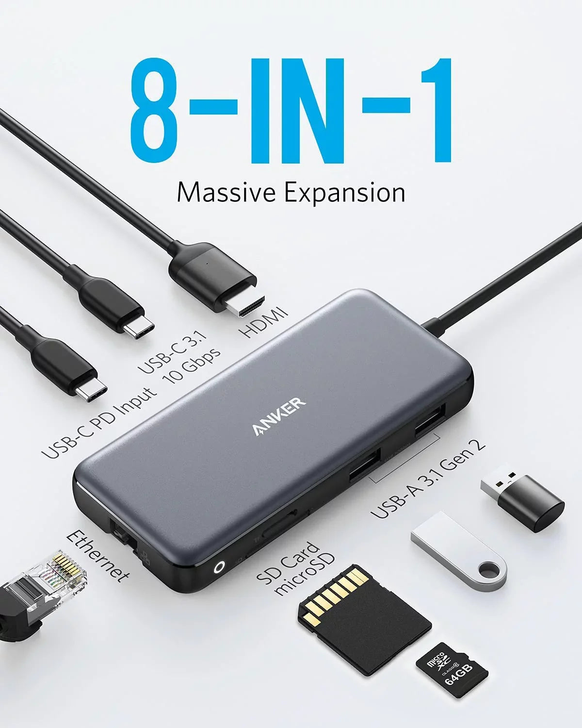 Delivery,4K Adapter Port,SD with USB HDMI,Ethernet Power Card 100W 8-in-1 60Hz Anker Reader Hub C