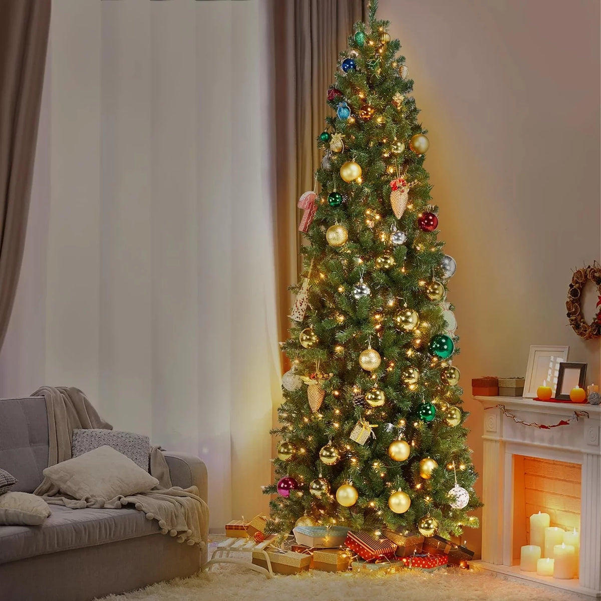 Pencil Christmas Decoration Tree 7.5Ft Artificial Slim Stand Foldable Includes Tree Holiday Tree, Kingswood Green Fir