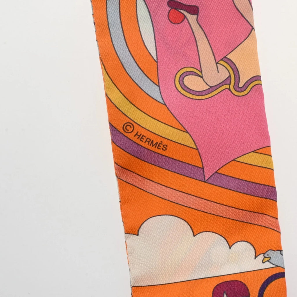 Muffler Volants Twilly (Like Carres HERMES - 100% Scarf Silk Pre-Owned Women's New) Orange/Rose/Mauve