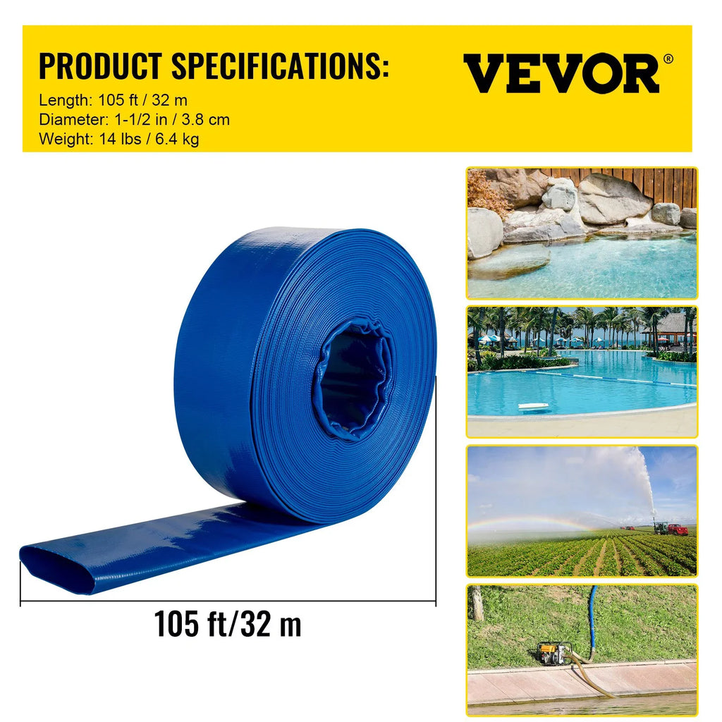 Heavy Water & Hose, Swimming for Blue 105', Weather-proof Clamps, Pool Backwash PVC Hose, Flat Hose Fabric x Burst-proof, VEVOR 1-12" Discharge & with Duty Lay Transfer, Drain Ideal