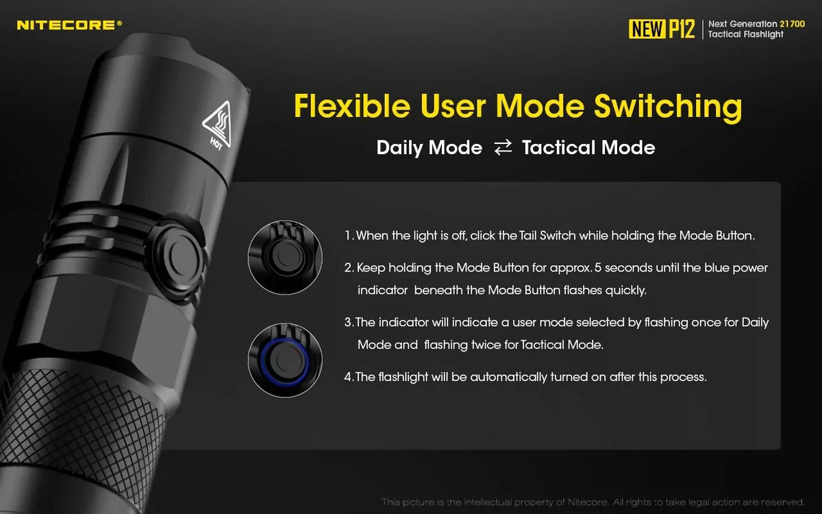 Nitecore and Switch Lumens Version Flashlight New Cord, USB RSW3 1200 Offset P12 - LED w/NL2150HPR Mount Pressure Battery,
