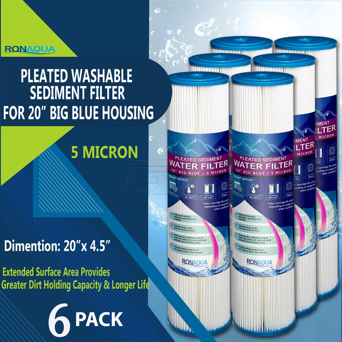 Big Big Micron 5 Silt, Blue by Amplified Life for Sediment 20" Blue (Set & Extended Removes Filter Washable Ronaqua Reusable Rust, Area, Surface of 6) Sand, Filter Pleated Dirt, Housing,