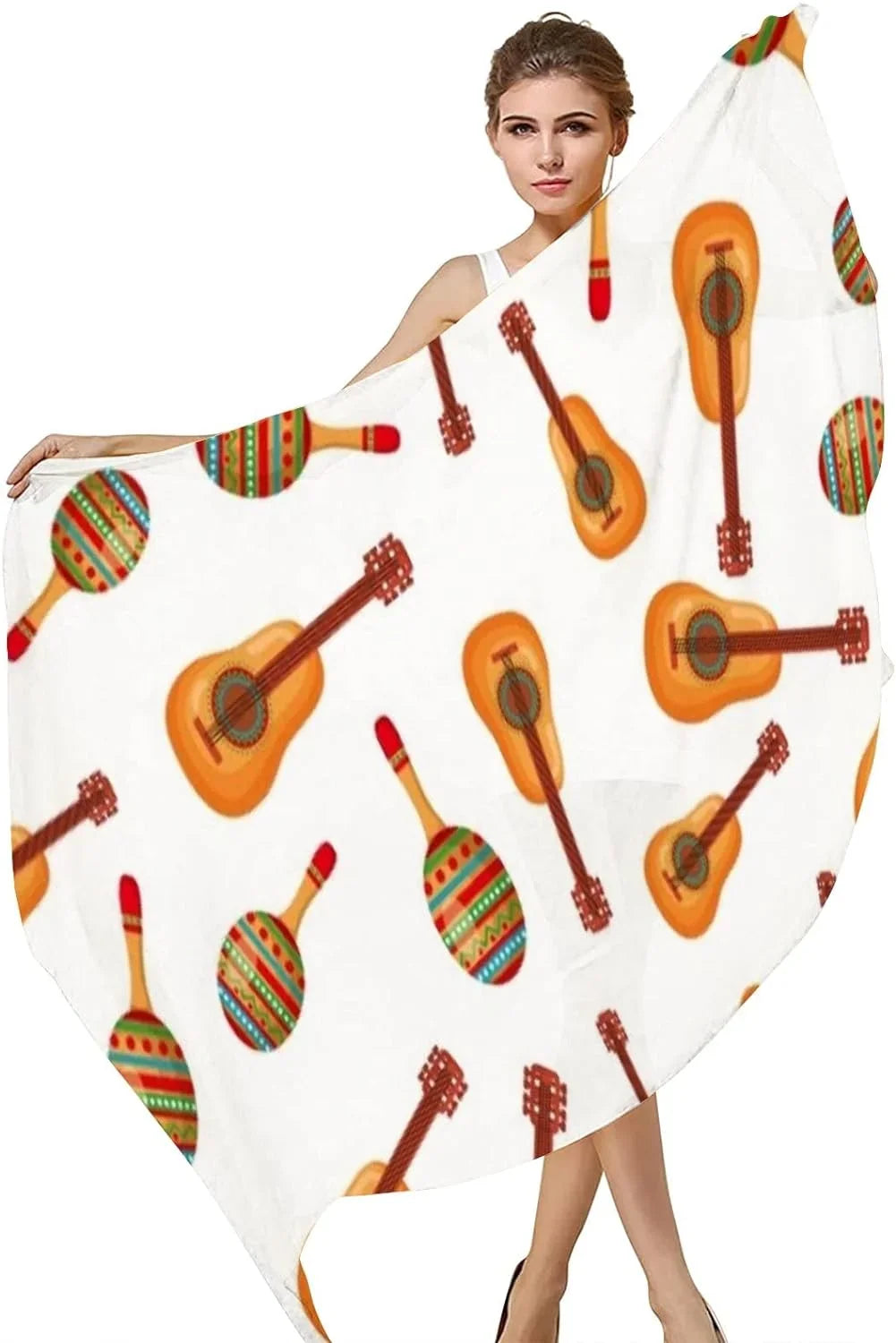 Hyjoy Wrap Shawl Guitars Scarf And Silk Women Culture Mexican Girls Maracas for Long Neck Scarves Lightweight Pattern