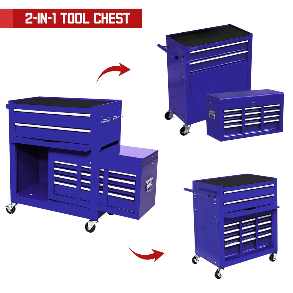 & 2-IN-1 On Hidden Blue Lockable Tool Wheels Cabinet Large Chest Sliding Tool with 8 Tool Drawers, Tool Double Box Organizer Rolling Box, with Drawers, Chest Drawers, Capacity with