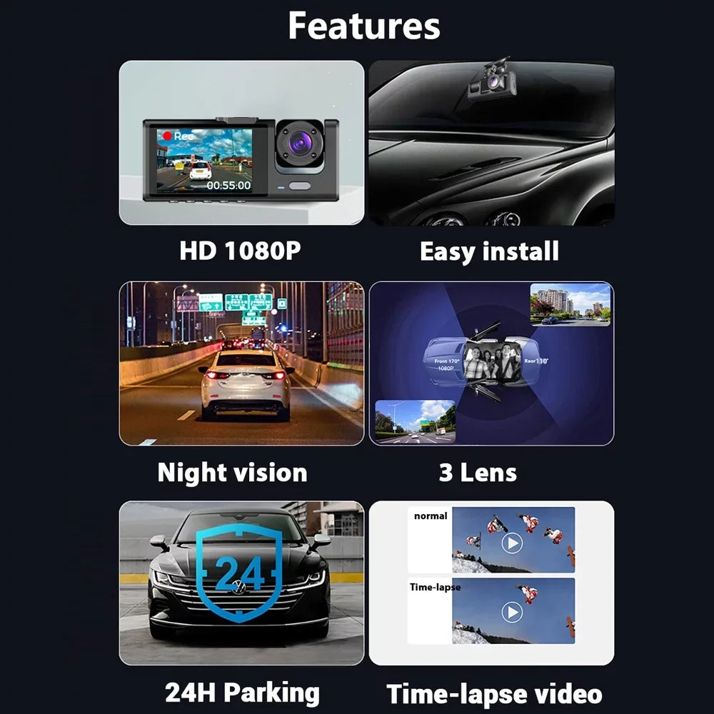 with Cam Safety System, Tomshoo Triple Driving Channel Auto Front/Rear/Inside Dash Recorder Cameras, Multi Language Car
