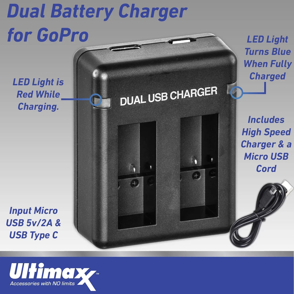 10) Much Charger, Dual (Hero Action Case HERO10 Replacement USB Black Water-Resistant Camera & Bundle Batteries, Essential - 2x Includes: More GoPro Ultimaxx