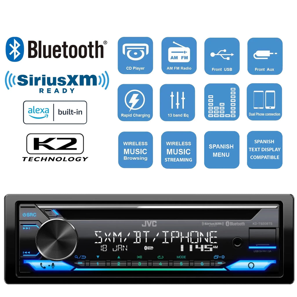 Select JVC DIN Stereo Single Player Motorcycles) CD KD-T920BTS (Fits Harley Bluetooth Radio Receiver Kit Davidson Touring USB Combo Bundle AUX Installation with AM/FM Single-DIN In-Dash 1998-2013