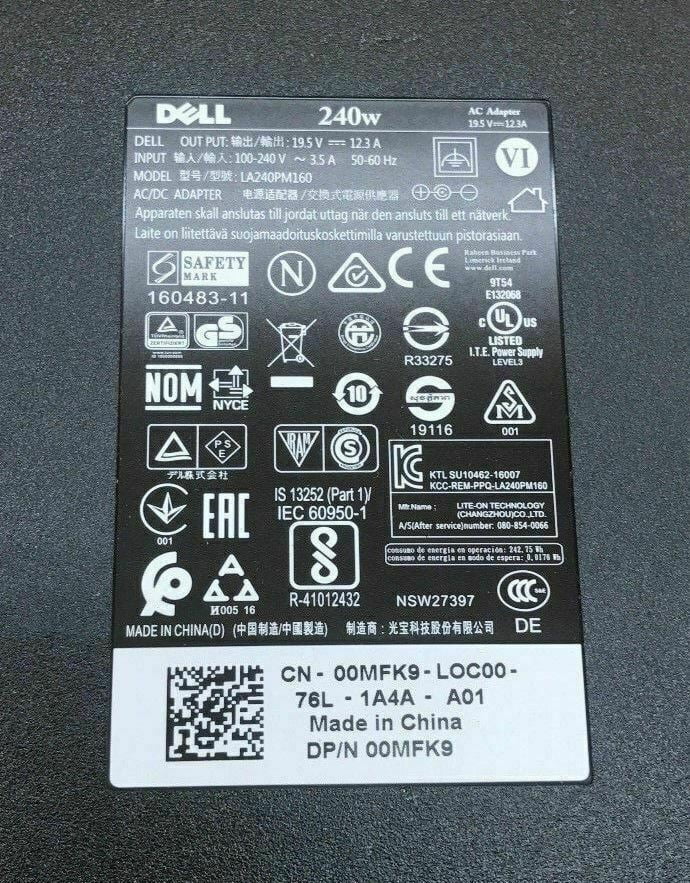 Lot 12.3a 240W 19.5v R4 17 charger Adapter laptop AC of Dell R3 10 R5
