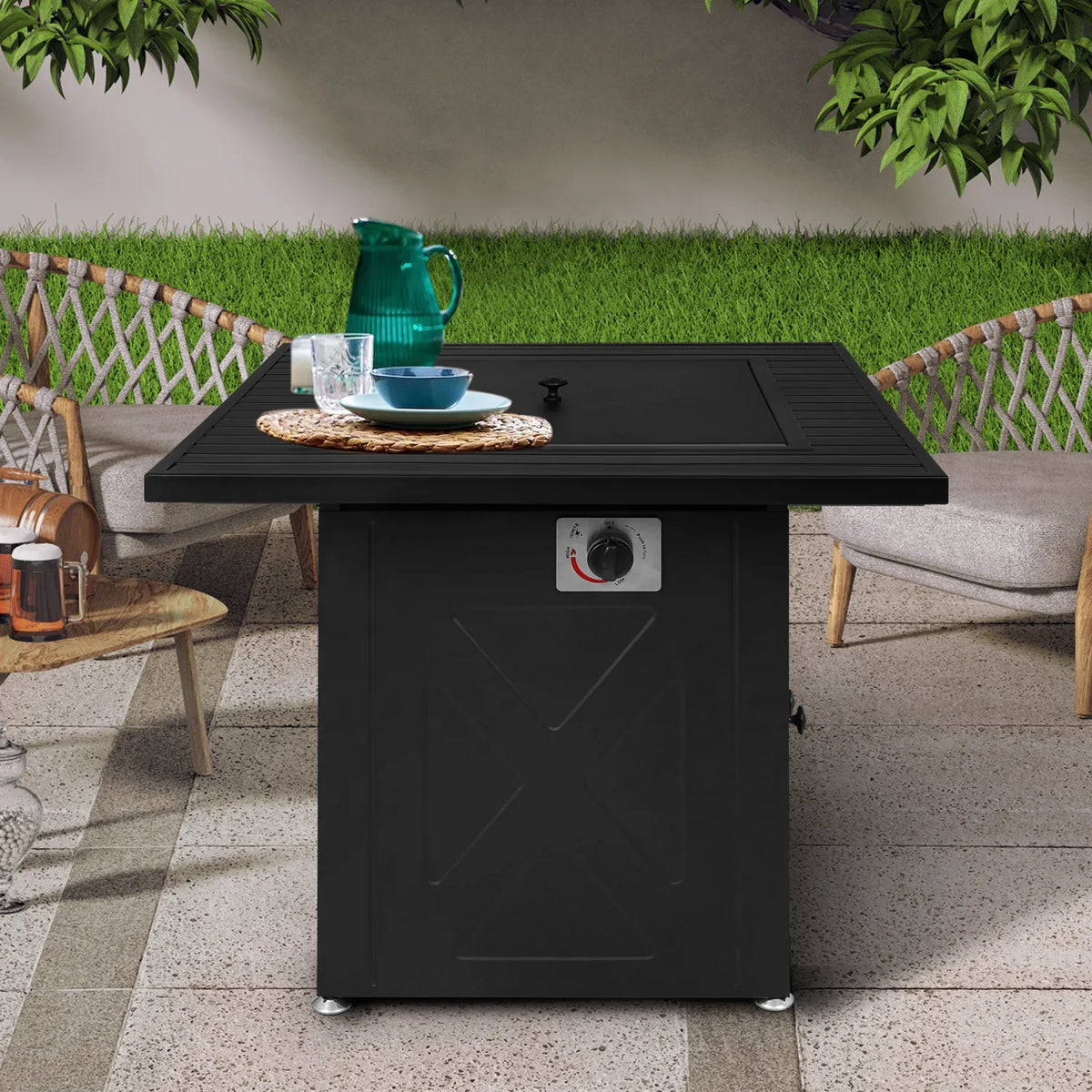 50,000 Lid MoNiBloom Gas Propane Metal Black Outdoor Fire Lava with Pit Table and Square Table Patio, Fire BTU Pit for Rocks 28"