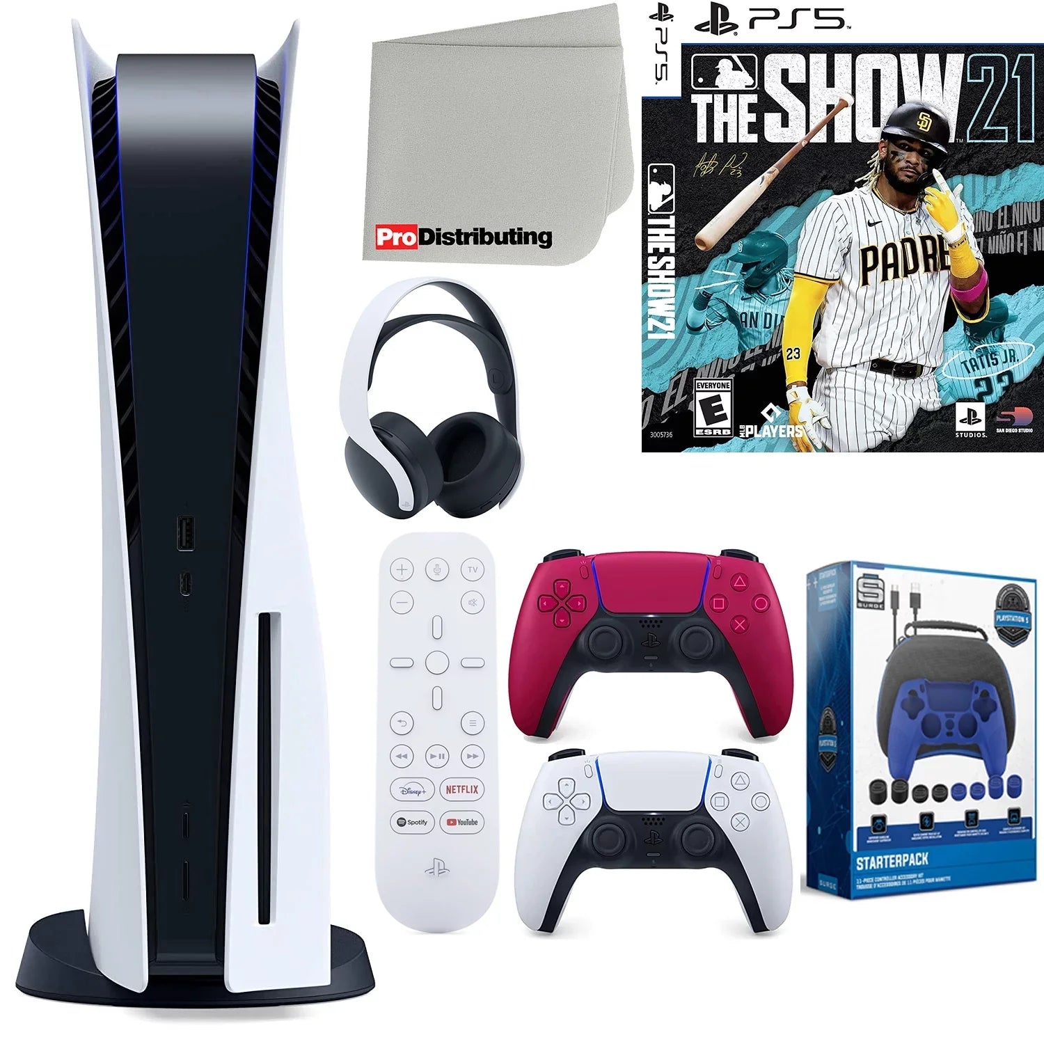 with Microfiber 5 MLB Cloth Remote, Media Playstation Cleaning (Sony Cosmic Extra 21, PS5 Controller, Starter Disc Kit Accessory Bundle and Headset, Version Disc) Red Sony Show The