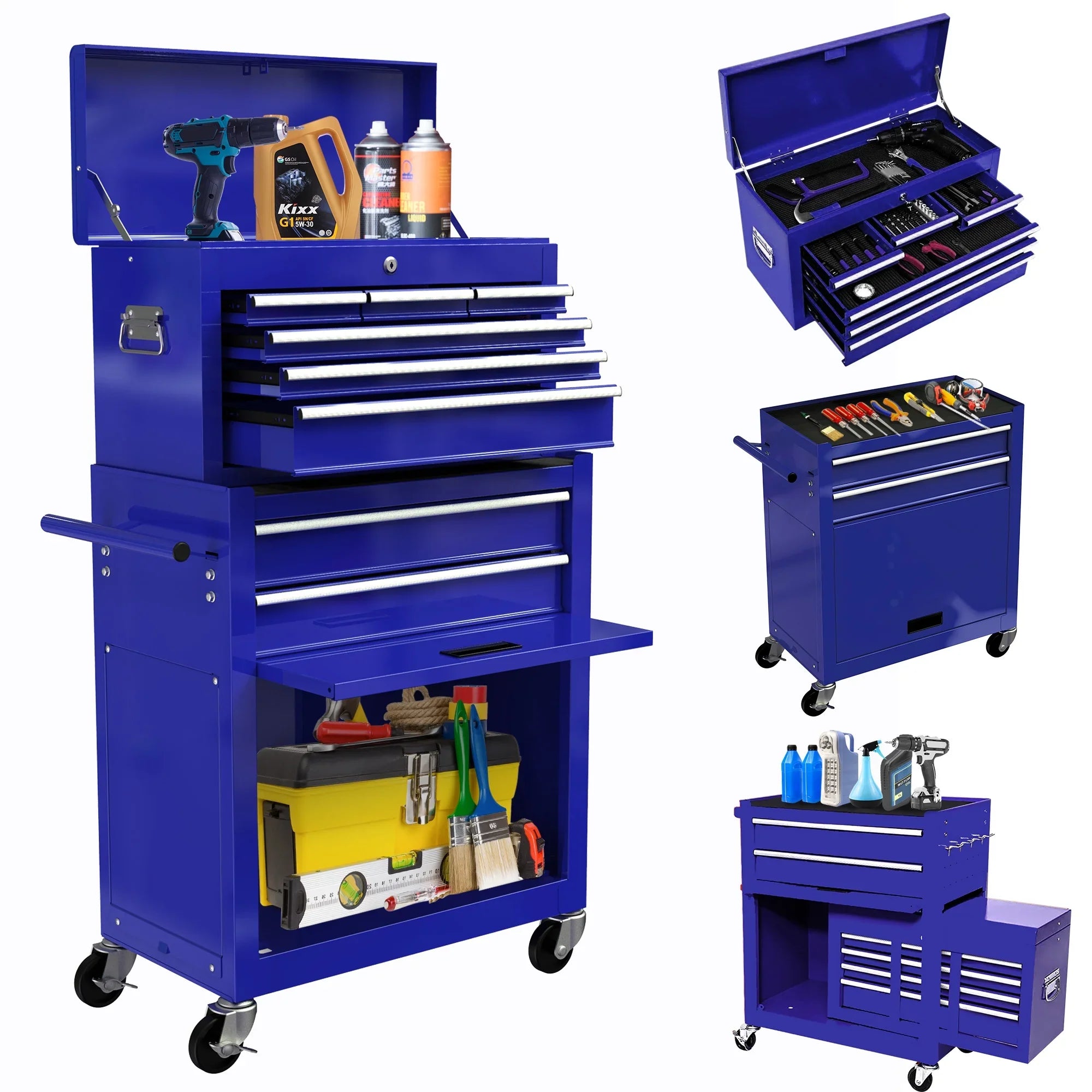 & 2-IN-1 On Hidden Blue Lockable Tool Wheels Cabinet Large Chest Sliding Tool with 8 Tool Drawers, Tool Double Box Organizer Rolling Box, with Drawers, Chest Drawers, Capacity with