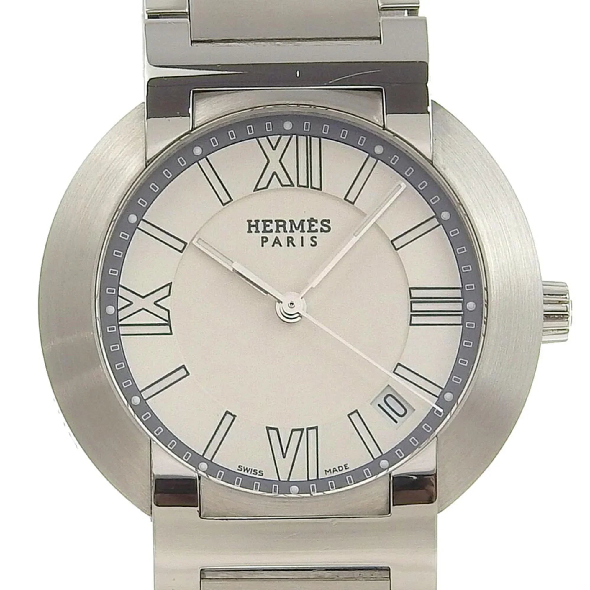 Dial Analog Men's Made Display Hermes Swiss Silver Nomad (Fair) Quartz NO1.710 Stainless White Pre-Owned Steel Watch