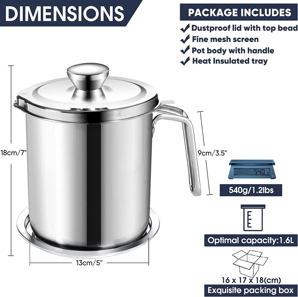 / fl Frying Oil Mesh 2L Tray,for Steel Strainer & Lid Strainer Grease Can Non-slip 67.6 Dust-proof Cooking Oil oz,Food Container,with Storing Strainer Fine Oil Storage Pot Grease Stainless
