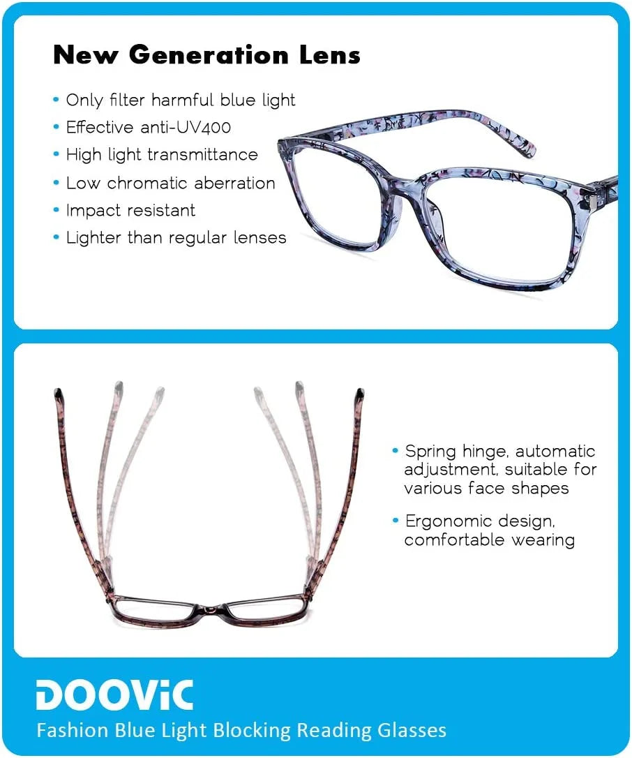 for Pack Blocking Glasses Women 4 Spring Stylish Blue Hinge Computer Strength Light Anti Reading Readers 3.00 DOOViC Eyestrain