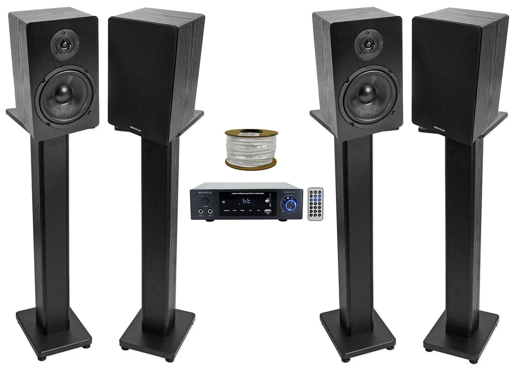 Bookshelf 150 Speakers+Stands Bluetooth+(4) Amplifier Rockville w/ BLUAMP 6.5"