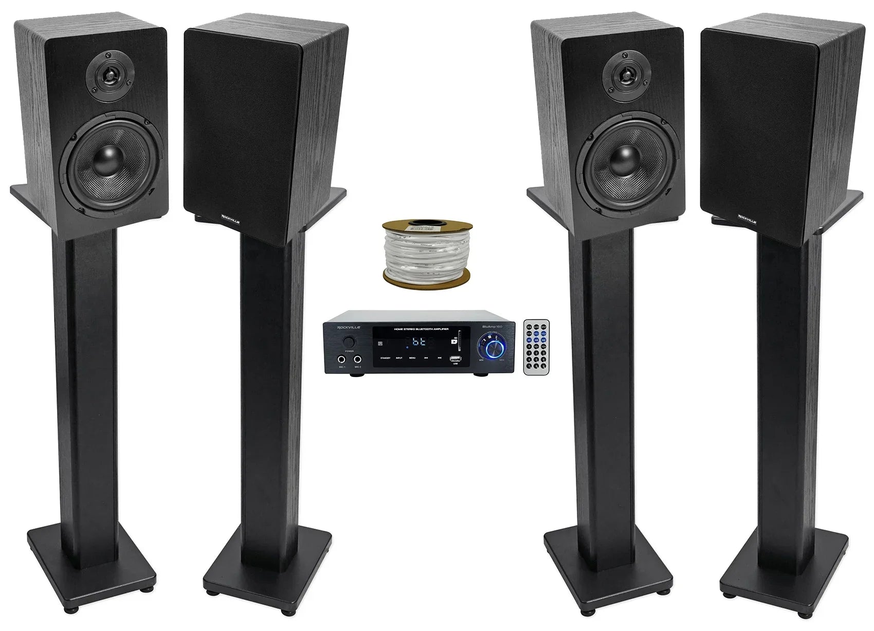Bookshelf 150 Speakers+Stands Bluetooth+(4) Amplifier Rockville w/ BLUAMP 6.5"