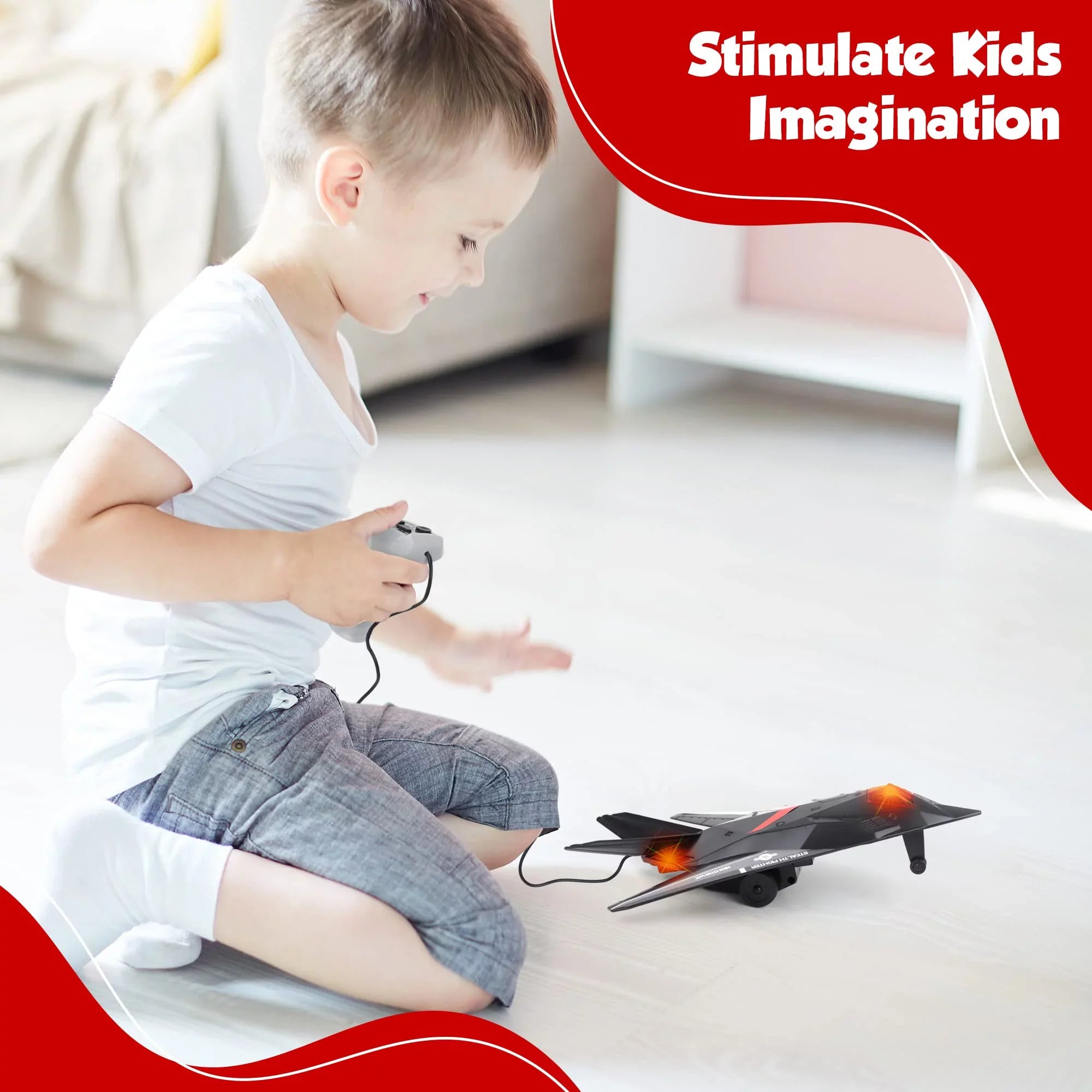 Fighter Toy & Lights Airplane Perfect Toddlers Remote 43" with Wire, Stealth Plane, Wired Ages for Control with Sounds Playkidiz 3+,