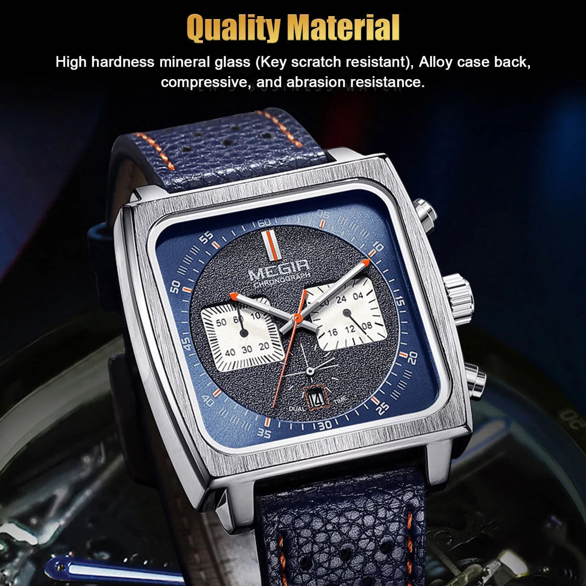Wrist Leather Quartz Waterproof MEGIR Men Watch Square Calendar Luminous Fashion