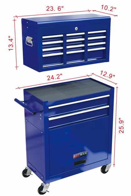 & 2-IN-1 On Hidden Blue Lockable Tool Wheels Cabinet Large Chest Sliding Tool with 8 Tool Drawers, Tool Double Box Organizer Rolling Box, with Drawers, Chest Drawers, Capacity with