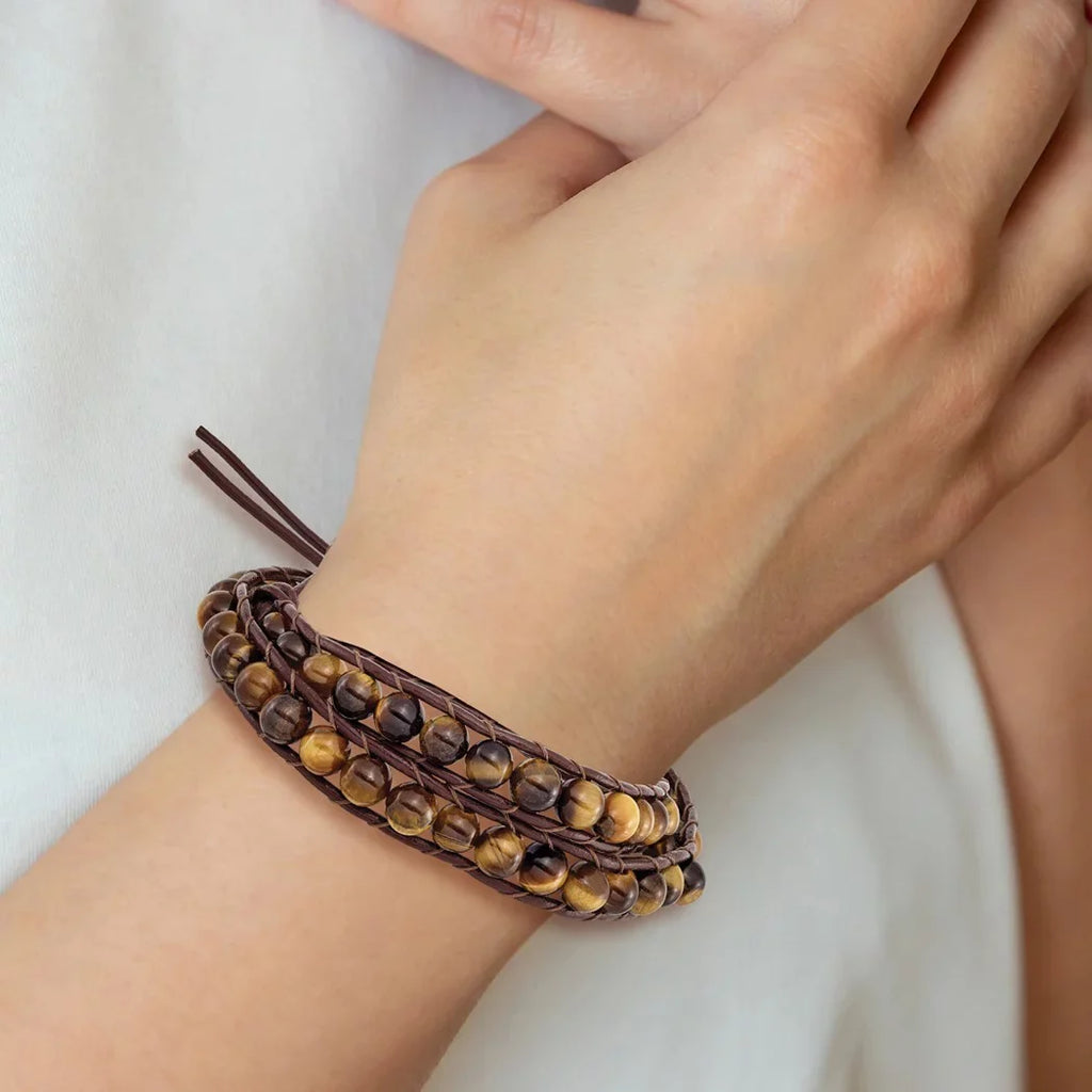 Steel Cord Women Leather Multi and 6mm Bracelet for Stainless Beads Wrap Jewelry Brown Gifts