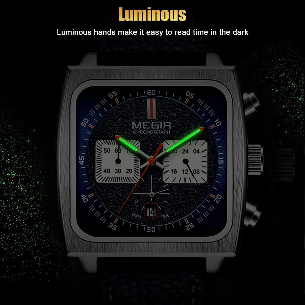 Wrist Leather Quartz Waterproof MEGIR Men Watch Square Calendar Luminous Fashion