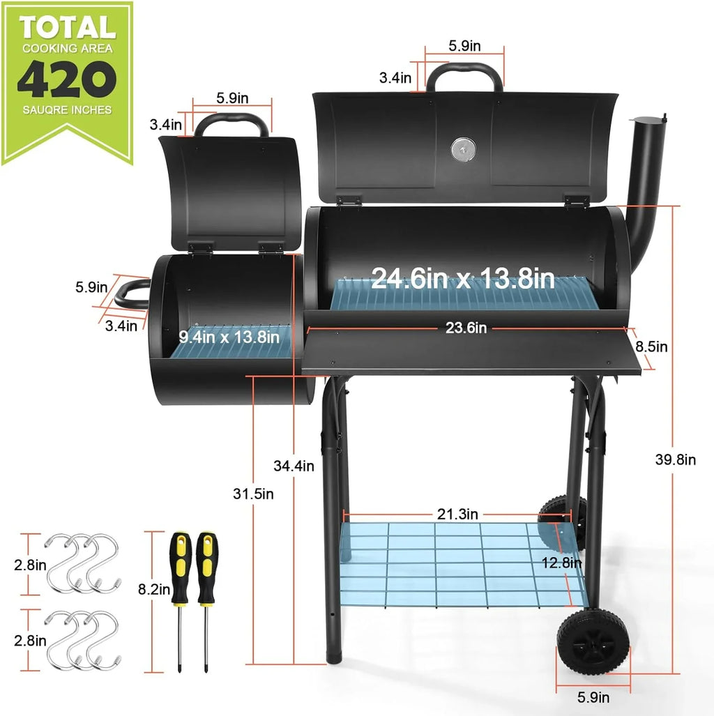 Party Picnic, 2 Offset Camping 6 Area, Grill, Charcoal & Grill 420.SQ.IN Smoker, for Large with Barbecue BBQ Black Grill Barrel Screwdrivers Backyard Hooks Garden Cooking Patio Outdoor -