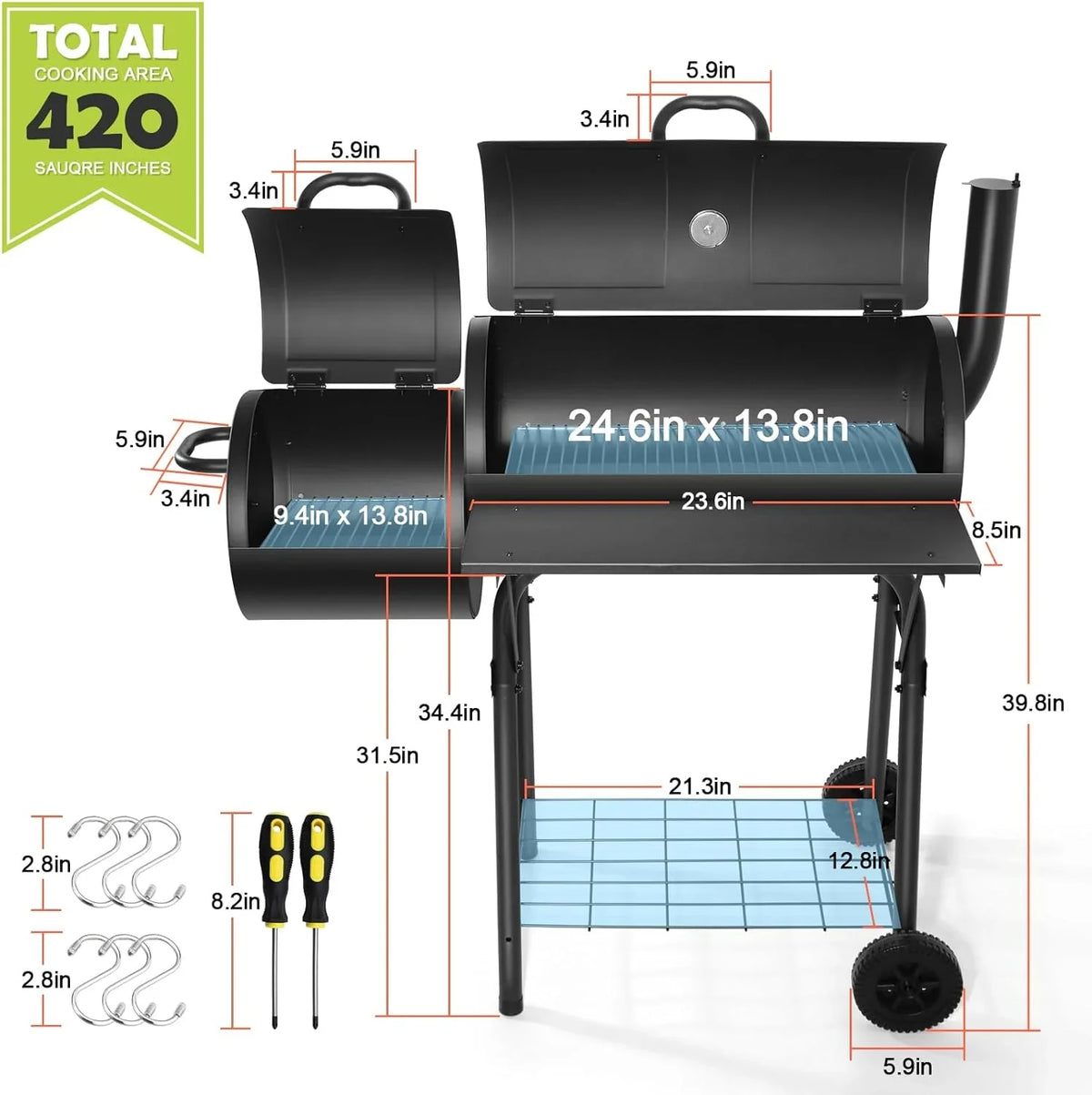 Party Picnic, 2 Offset Camping 6 Area, Grill, Charcoal & Grill 420.SQ.IN Smoker, for Large with Barbecue BBQ Black Grill Barrel Screwdrivers Backyard Hooks Garden Cooking Patio Outdoor -