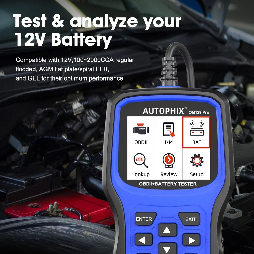 Charging Test Tester Tool Battery Auto Full Reader OBD Battery Scanner PRO in Function Automotive Engine 1 Cranking OM129 OBD2 Test Code OBD2 2 12V EOBD Scanner Analyzer Automotive Diagnostic AUTOPHIX
