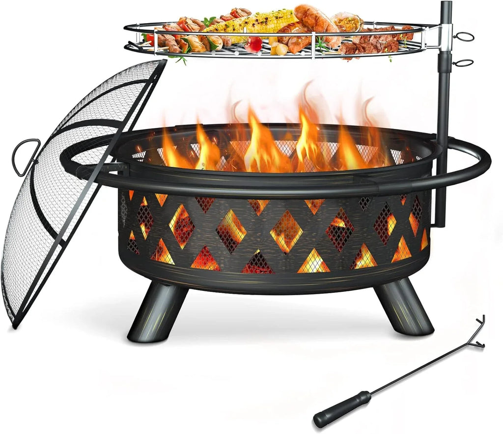 Garden, Pits, Inch Bonfire, Poker Camping, Large ECOPATIO with Grill Pit for Grate, Cooking Outside, Wood Picnic Firepit Screen & Patio Burning for 30 Spark Backyard Steel Fire BBQ Outdoor Fire