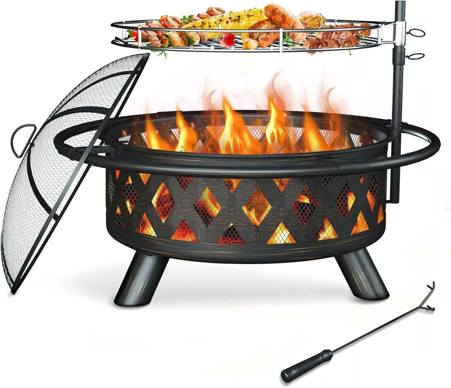 Garden, Pits, Inch Bonfire, Poker Camping, Large ECOPATIO with Grill Pit for Grate, Cooking Outside, Wood Picnic Firepit Screen & Patio Burning for 30 Spark Backyard Steel Fire BBQ Outdoor Fire