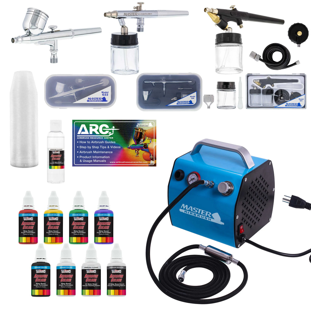 Deluxe Air 3 Pro w/ Compressor Airbrushes Colors 6 Paint Airbrush System &