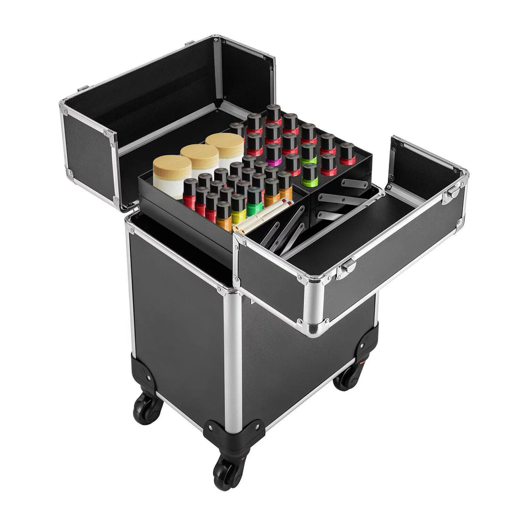 Rolling Cosmetic Case Beauty Hairdresser Wheels Organizer Tool Barber Salon Trunk Train Luggage (Black) Case Trolley, Box Makeup Nail Lockable Stylist Travel Swivel Cart with