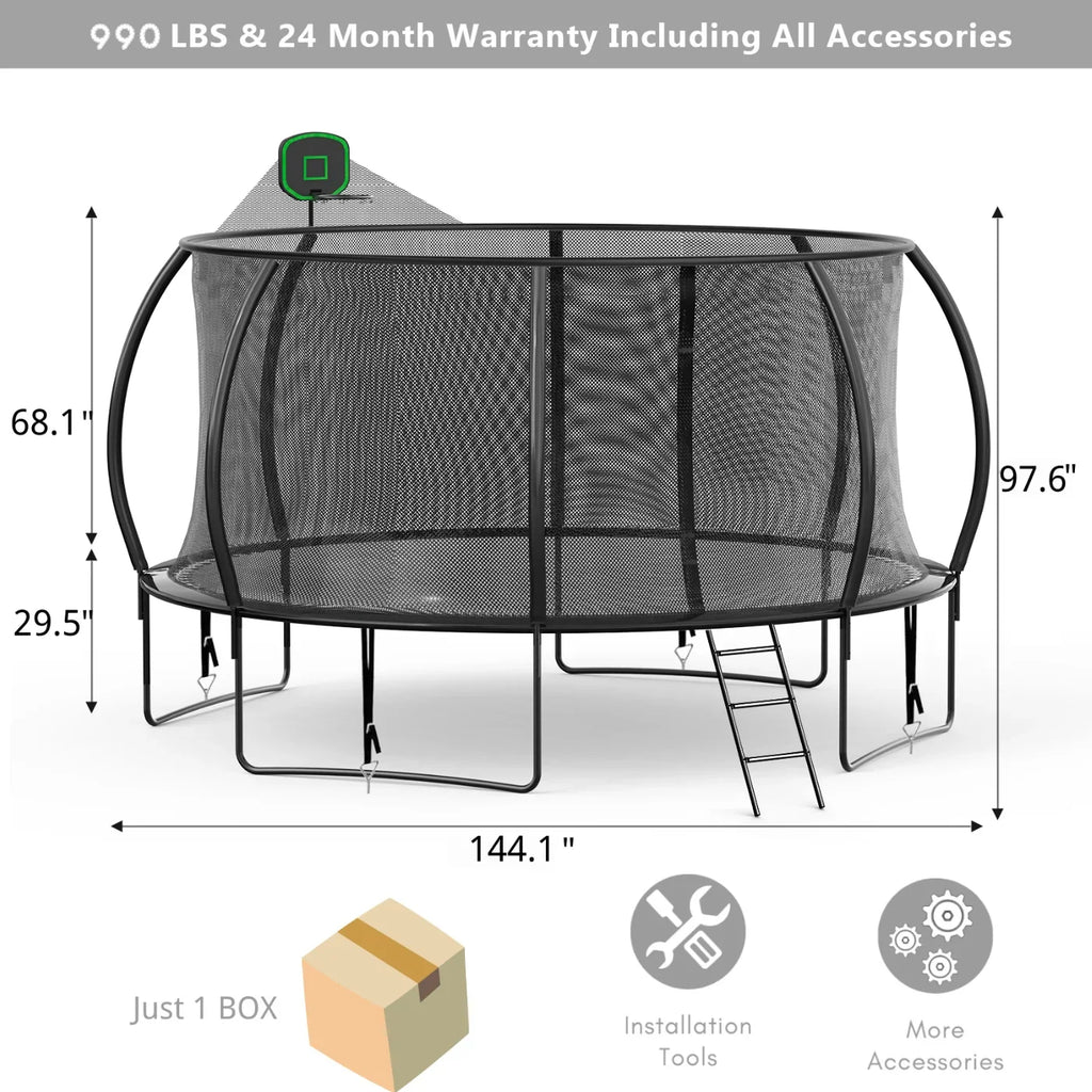 with Recreational Trampoline Trampoline for Kids for Kids,Pumpkin Outdoor Trampoline Hoop Basketball 12FT FIZITI with 990LBS Backyard 4-6 Enclosure Net,Sprinkler,Light,Socks,Ladder, Capacity