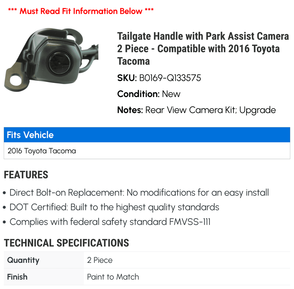Camera Toyota Handle Park Assist Tailgate 2 with with Tacoma Piece - Compatible 2016
