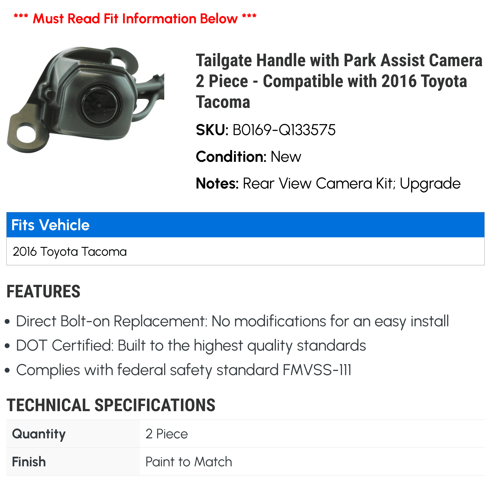 Camera Toyota Handle Park Assist Tailgate 2 with with Tacoma Piece - Compatible 2016