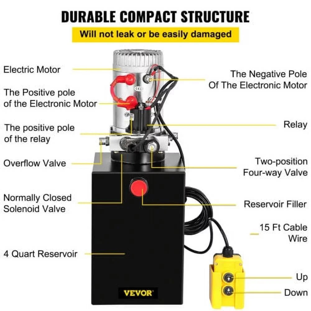 Pump Remote Black 12 Acting Reservoir Quart 12V,with Single Volt Power 13 Control Hydraulic Dump Unit VEVOR 3200PSI Steel Trailer