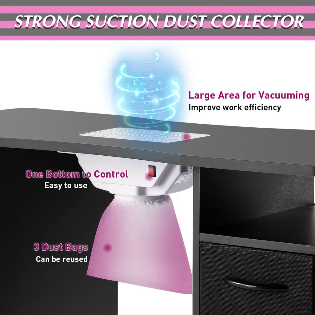 Nail Beauty Station Artist Table Desk Hand Wrist with Electric Cushion, Drawers, Wheels, Shelves Lockable Black Downdraft Manicure Vent,