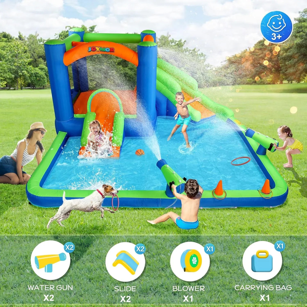 Bounce New) Air House (2024 House Hoop, w/Basketball Ring-Toss Blower Slide Water Water Inflatable for 3-6, Kid Bounce JOYMOR Inflatable Water Cannon, Inflatable Water w/Slides, Game, Slide