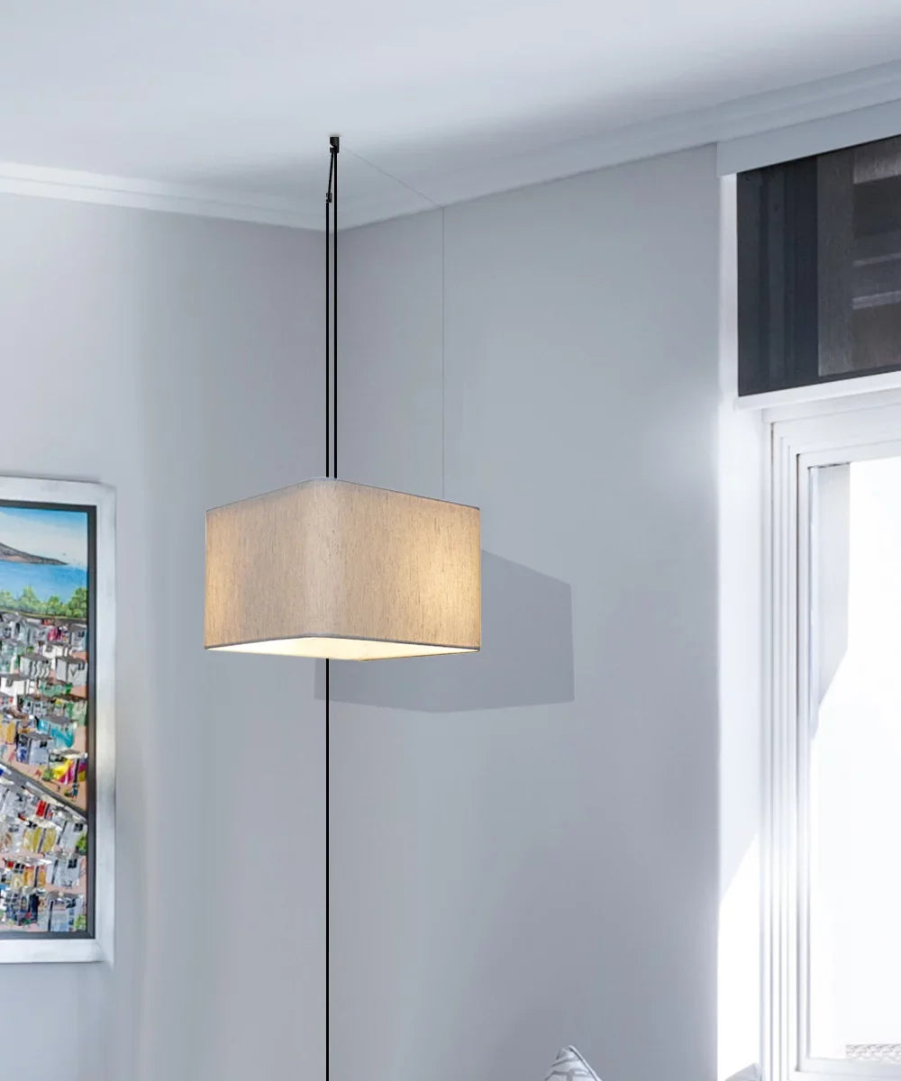 Oatmeal Shade, Square Plug-In Swag 14"w Corner Light Black Pendant Rounded 1 Drum Cord
