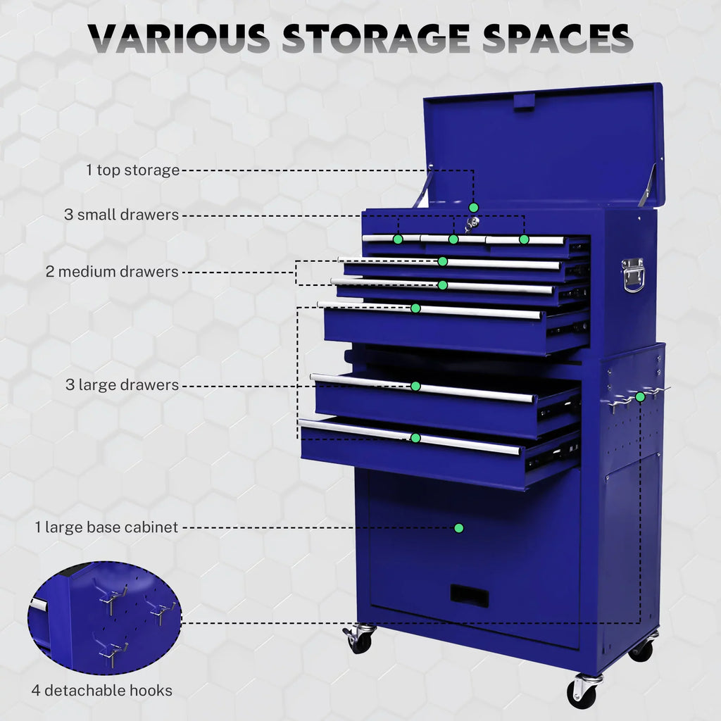 & 2-IN-1 On Hidden Blue Lockable Tool Wheels Cabinet Large Chest Sliding Tool with 8 Tool Drawers, Tool Double Box Organizer Rolling Box, with Drawers, Chest Drawers, Capacity with