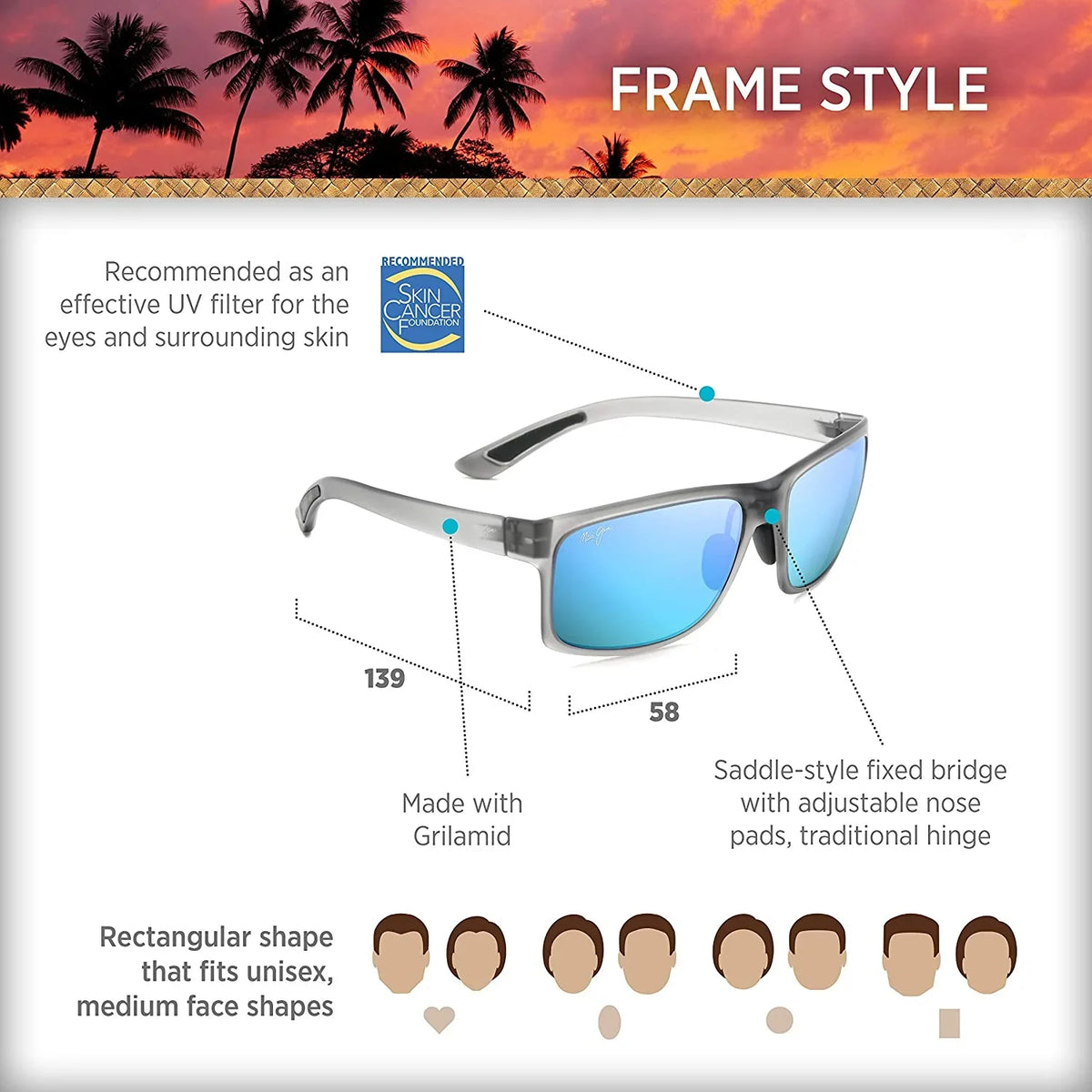 Maui Blue B439-11M Jim Pokowai Sunglasses 58 Men's Arch Hawaii Rectangular