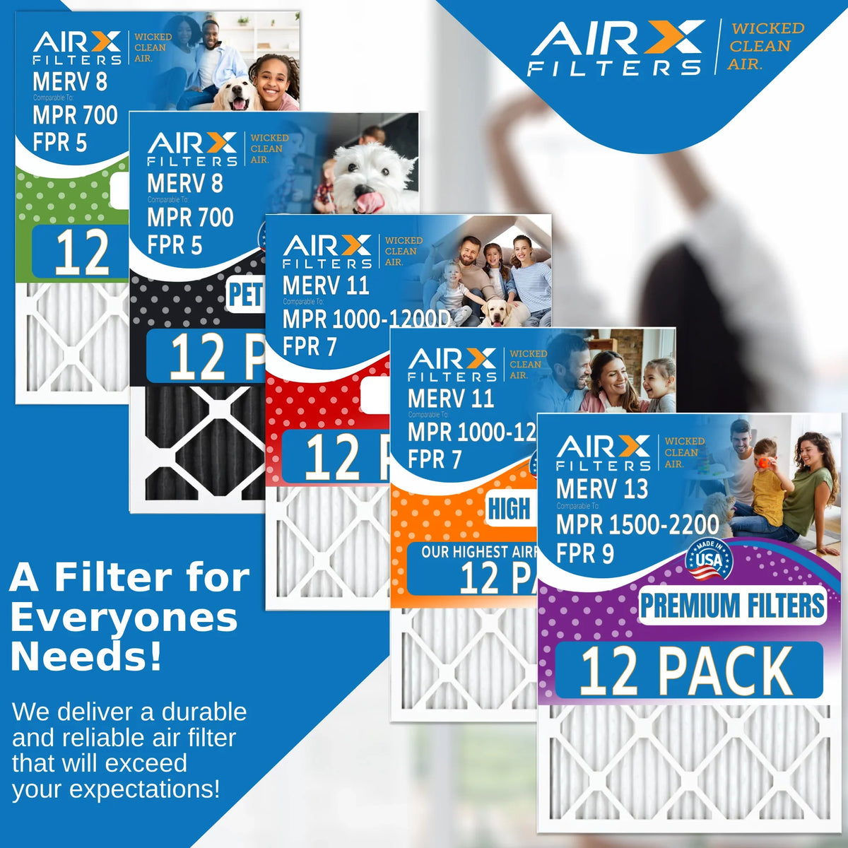 Odor Filters Retention CLEAN Air Furnace Made AIR. Rating, FILTERS 5, 12 12x12x1 Pet MERV Filters WICKED 700, to USA Pack by 8 MPR AIRX of Filter FPR Comparable in -