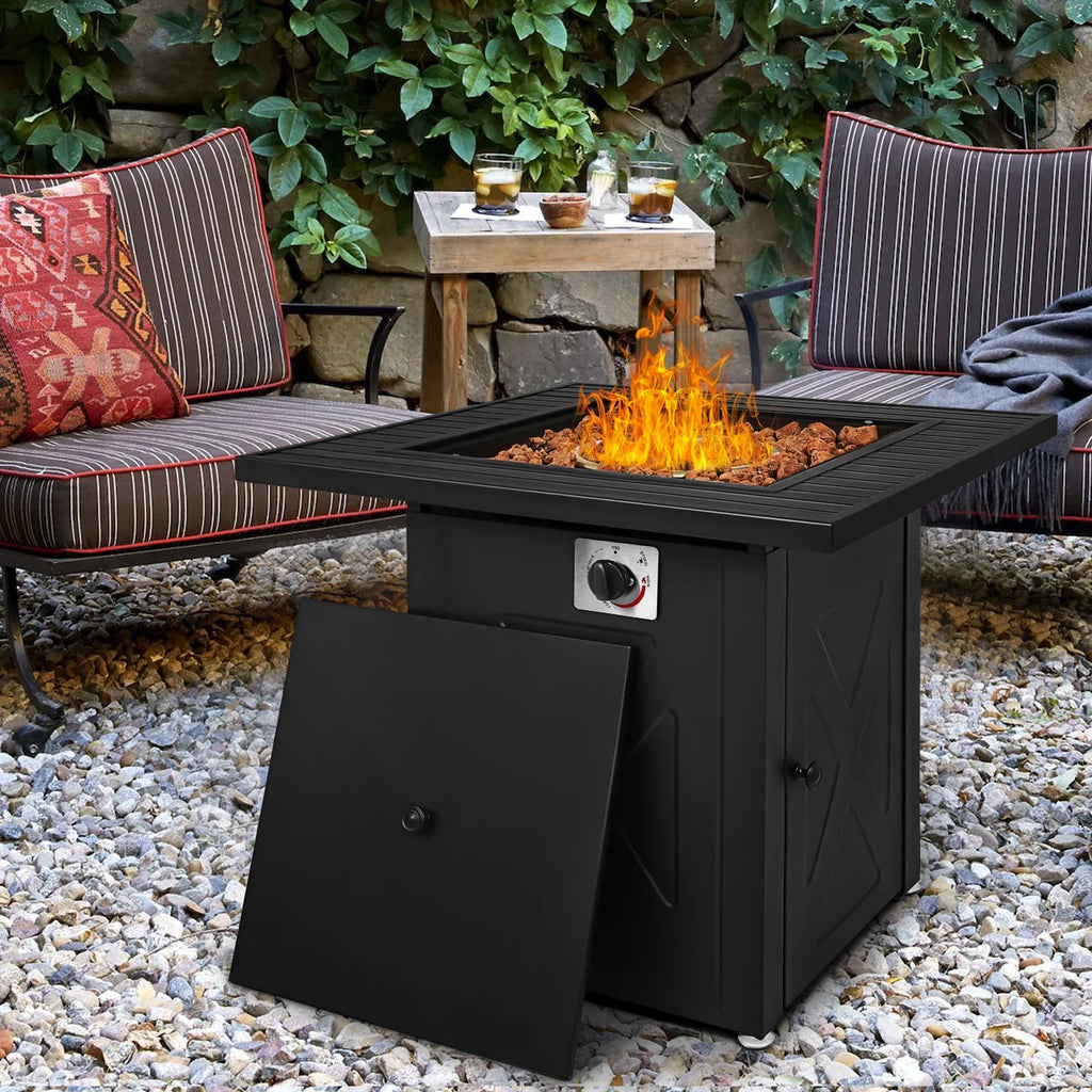 50,000 Lid MoNiBloom Gas Propane Metal Black Outdoor Fire Lava with Pit Table and Square Table Patio, Fire BTU Pit for Rocks 28"