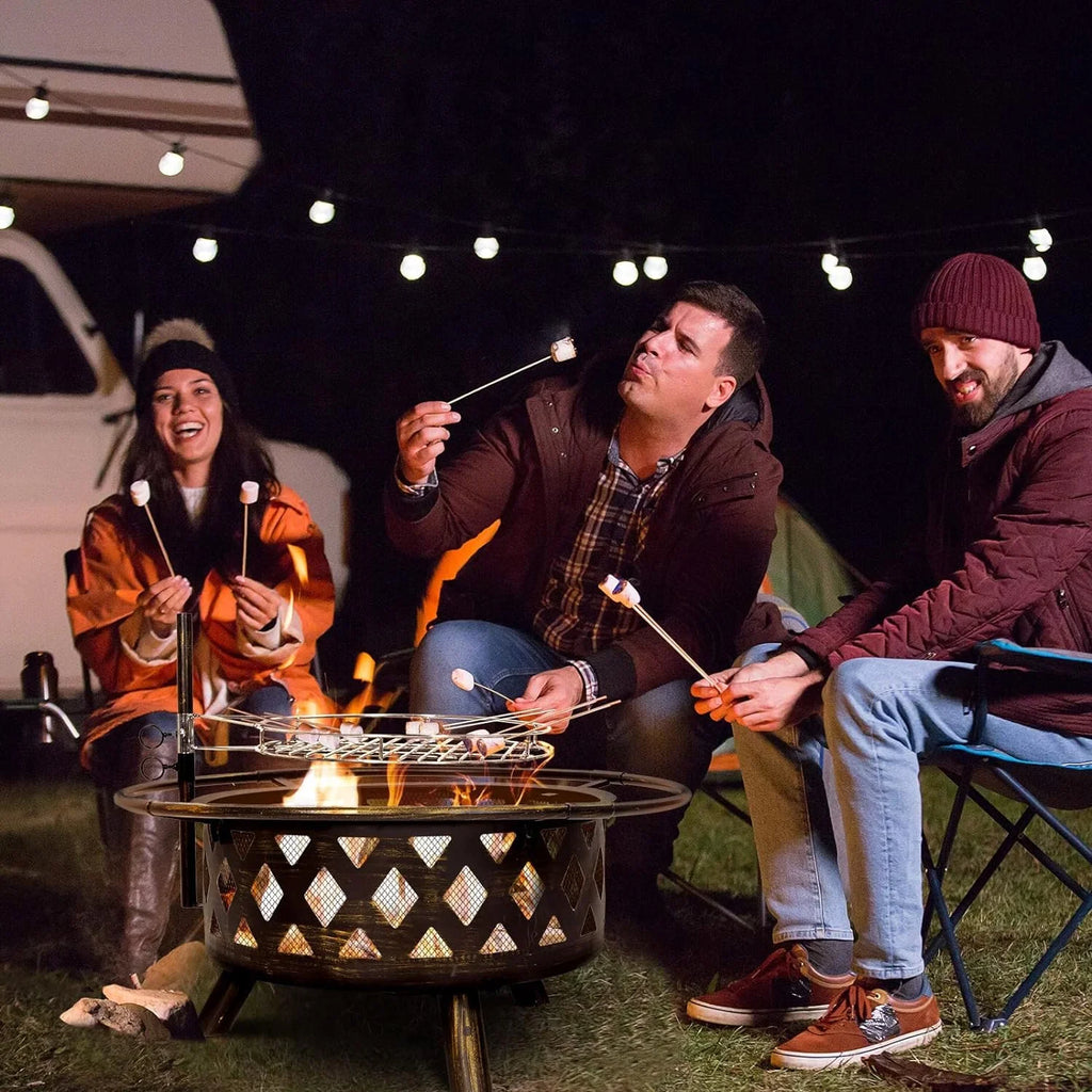 Garden, Pits, Inch Bonfire, Poker Camping, Large ECOPATIO with Grill Pit for Grate, Cooking Outside, Wood Picnic Firepit Screen & Patio Burning for 30 Spark Backyard Steel Fire BBQ Outdoor Fire