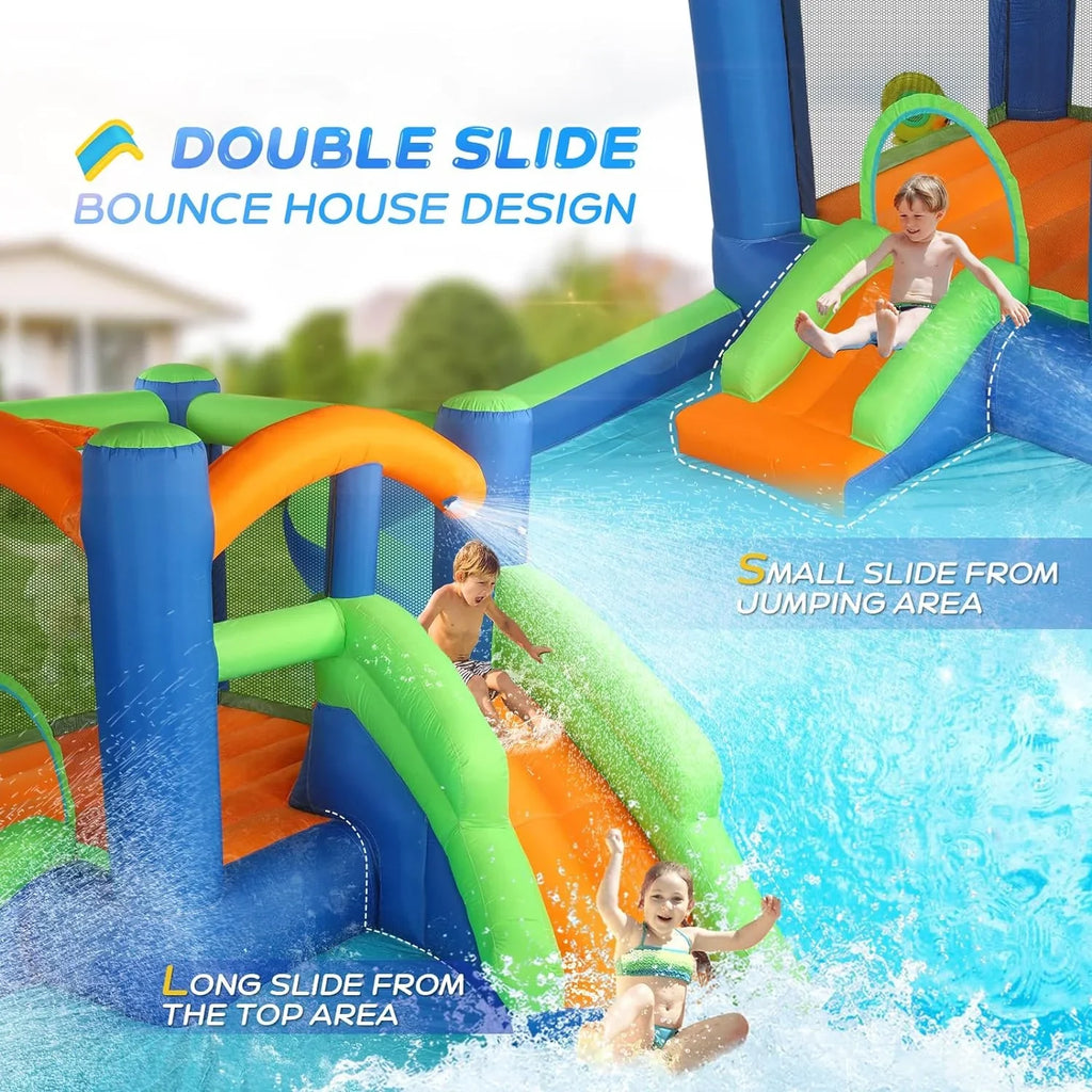 Bounce New) Air House (2024 House Hoop, w/Basketball Ring-Toss Blower Slide Water Water Inflatable for 3-6, Kid Bounce JOYMOR Inflatable Water Cannon, Inflatable Water w/Slides, Game, Slide