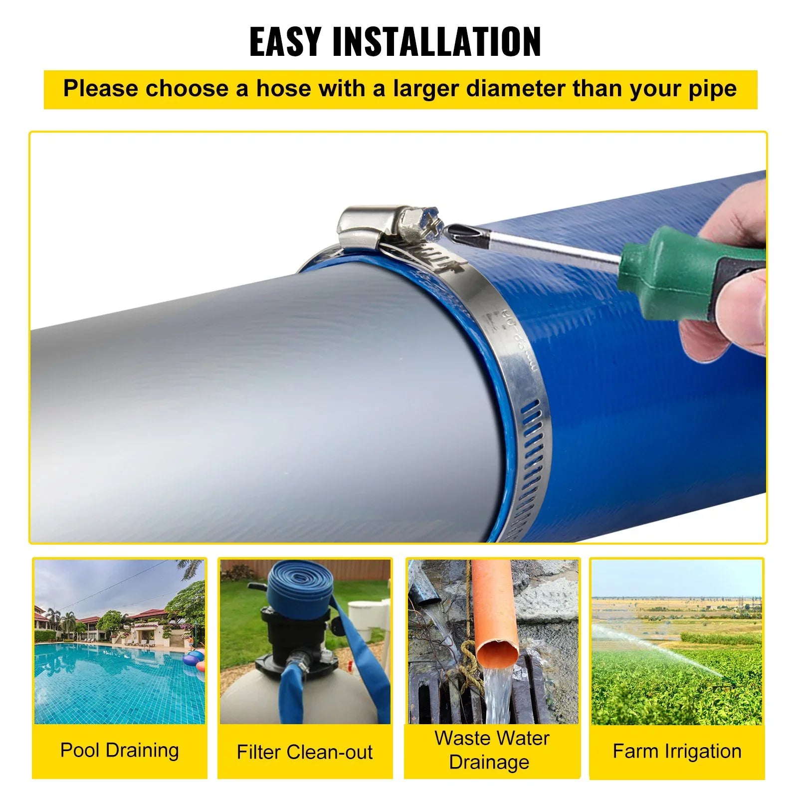 Heavy Water & Hose, Swimming for Blue 105', Weather-proof Clamps, Pool Backwash PVC Hose, Flat Hose Fabric x Burst-proof, VEVOR 1-12" Discharge & with Duty Lay Transfer, Drain Ideal