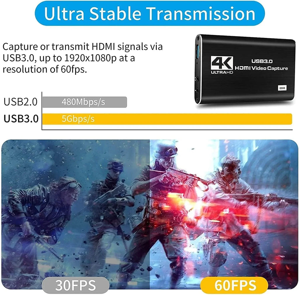 , Capture Works Capture 3.0 60FPS for Streaming Recording, Card, Live,Support for 1080P Audio Adapter 4K Video X-Box/OBS/Camera/PC Game Card, Device Recorder Video Capture USB