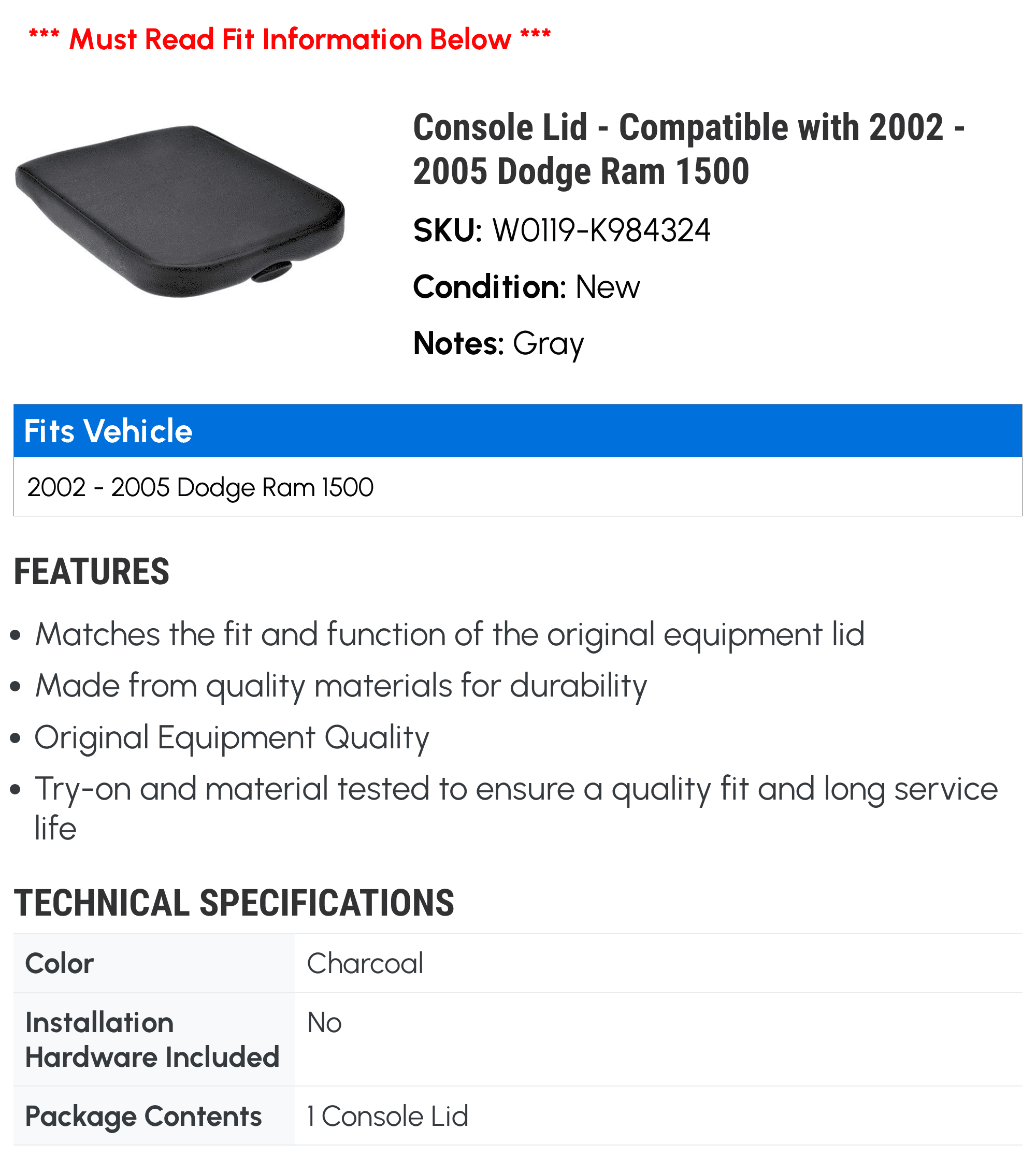 Ram Console - with - 2002 2005 Compatible 2003 2004 1500 Lid Dodge